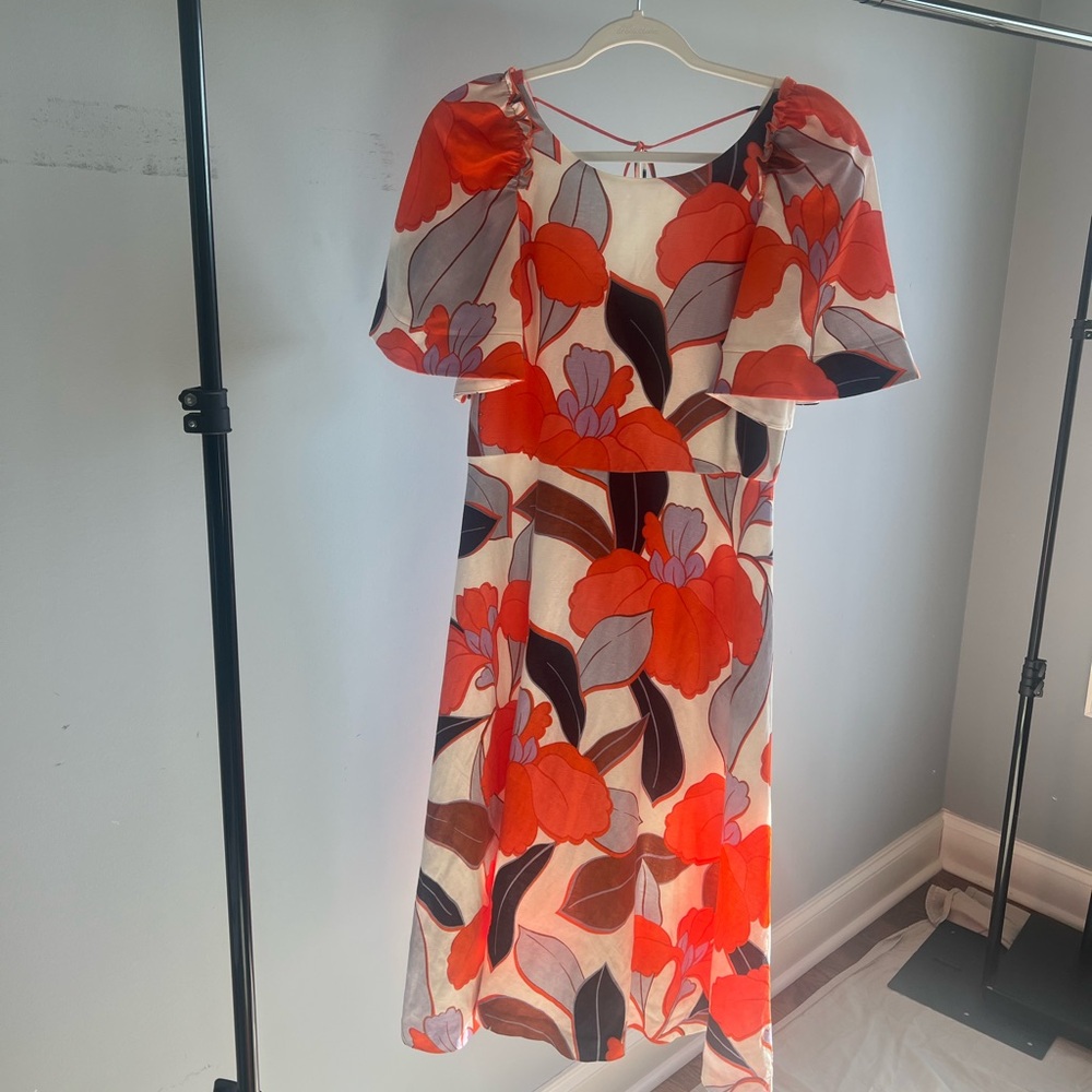 Ann Taylor Orange Floral Midi Dress with Cream Background